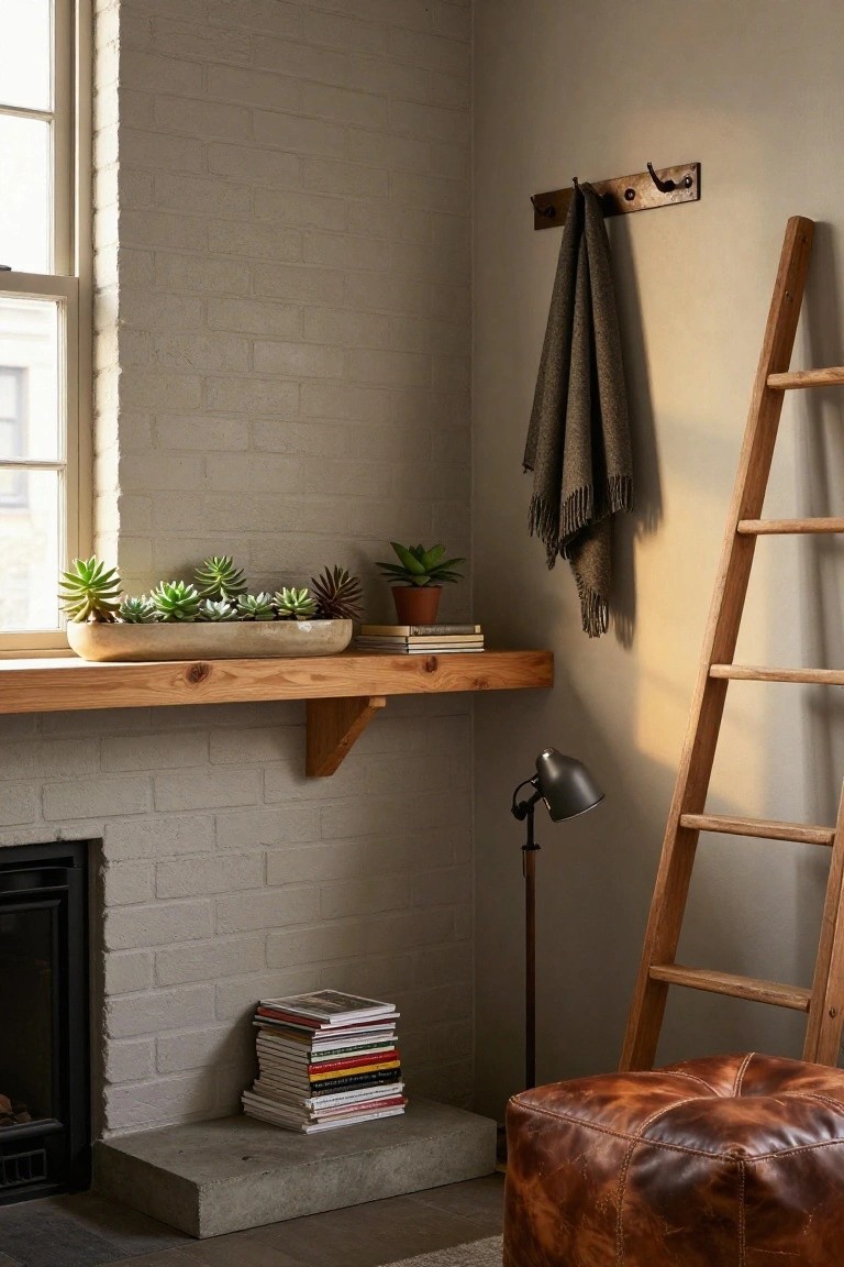 Corner of a room with exposed brick walls, a wooden shelf mantel over a fireplace holding a trough of succulents and stacked books, a leaning wooden ladder, hanging towel rack, potted plants, floor lamp, and leather ottoman on a concrete hearth.