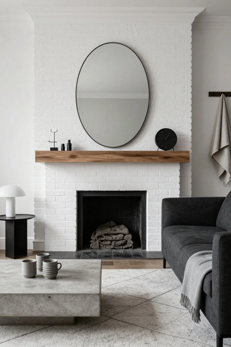 White brick fireplace with thick natural wood mantel shelf holding a black clock, jewelry stand, and small bottles, large oval black-framed mirror above, dark gray sofa and concrete coffee table in modern living room.