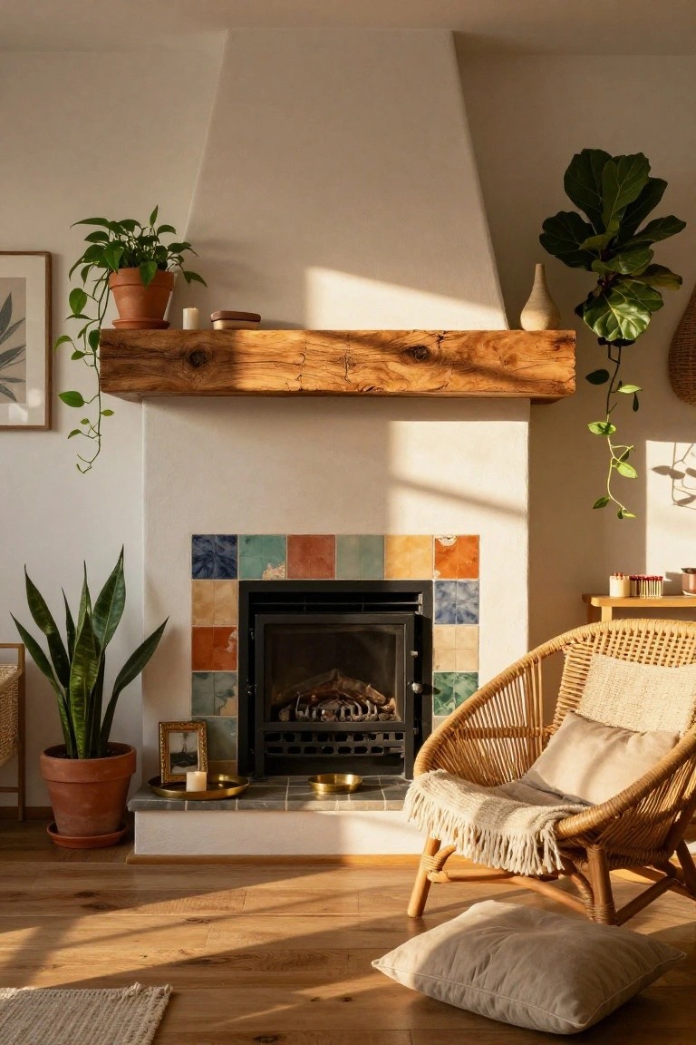 A cozy living room with a gas fireplace featuring a rustic wooden beam mantel, colorful hand-painted tiles, potted plants including trailing greenery, a rattan armchair with cushions and throw, and wooden floors bathed in sunlight.