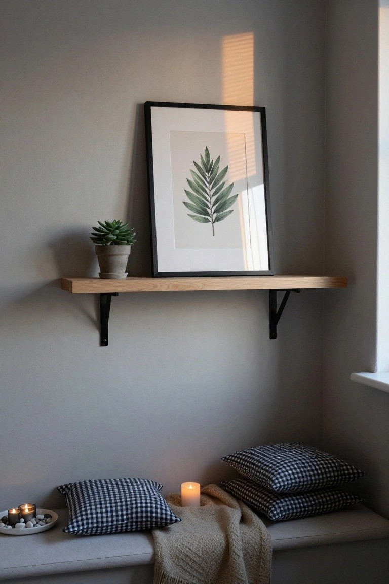 Gray indoor corner with wooden floating shelf holding potted succulent and black-framed artwork of green leaf, wooden bench below with navy checkered pillows, beige throw blanket, candles, and small dish of stones near window with blinds.