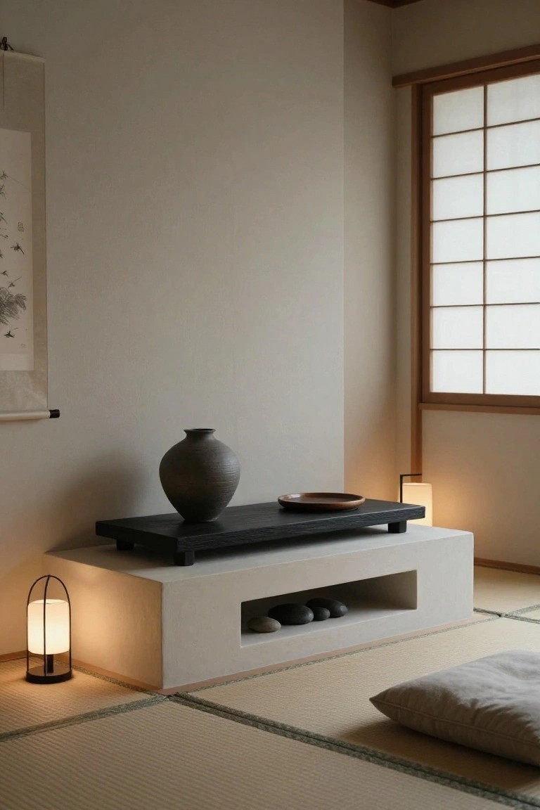 Minimalist Japanese-style room with tatami floor, beige raised platform topped by black wood slab holding gray ceramic vase and wood dish, niche below with stones, two lamps on sides, shoji window, and ink scroll on wall.