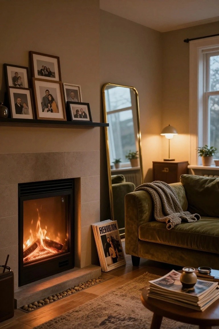 Cozy living room interior featuring a stone fireplace with flames, a floating mantel holding stacked photo frames and a glass vase, a green velvet sofa with throw, side table with magazines, gold mirror, and plants near a window.