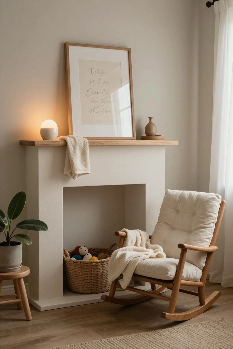 White fireplace with oak mantel holding a white orb lamp, beige vase on saucer, and draped white towel; wooden rocking chair with white cushions, cream blanket, and wicker basket of colorful toys nearby, potted plant on stool, framed handwritten quote on wall, in beige-toned room with sheer curtains.