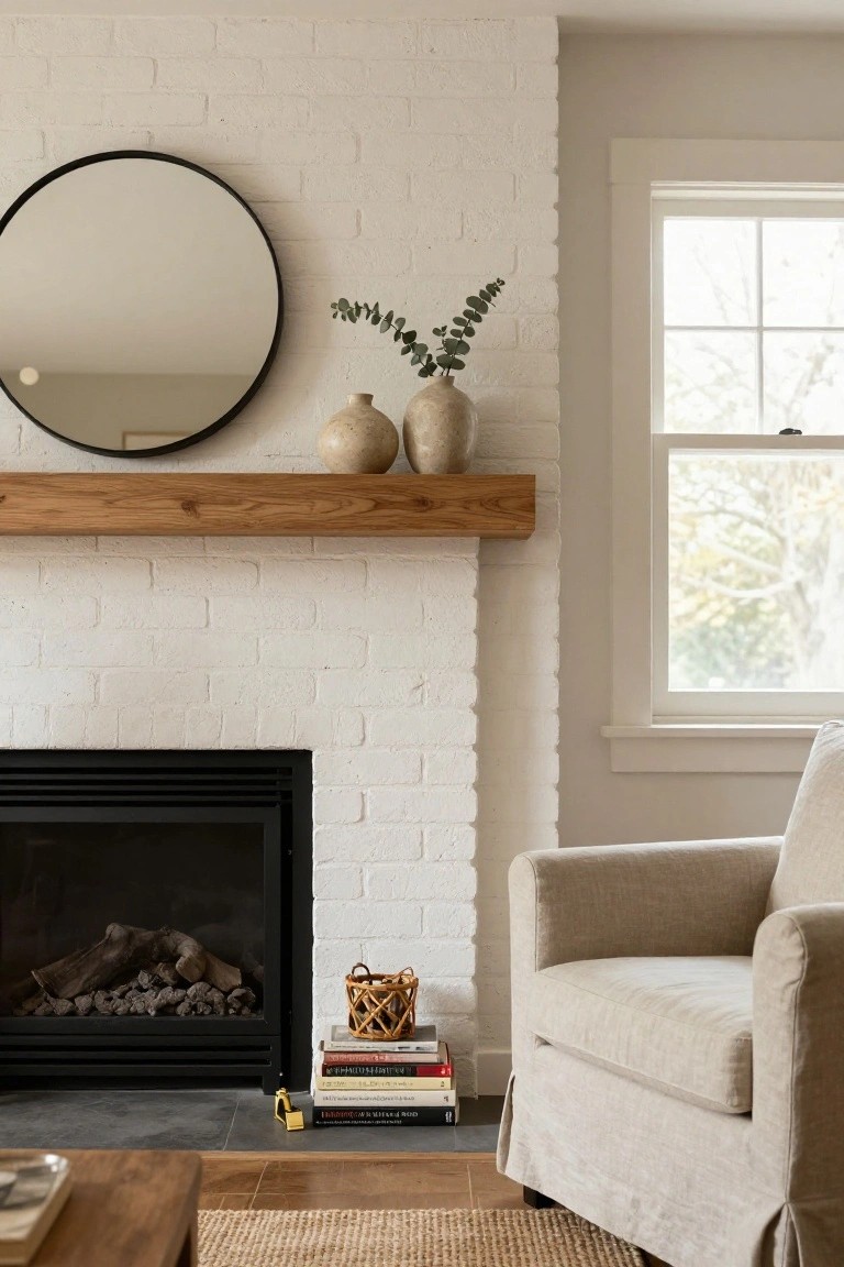 White brick fireplace with oak wood mantel shelf holding round black mirror, eucalyptus branches, and two beige pottery vases, beside beige armchair, woven basket, stacked books on hearth, and wood coffee table on gray tile floor in light room.
