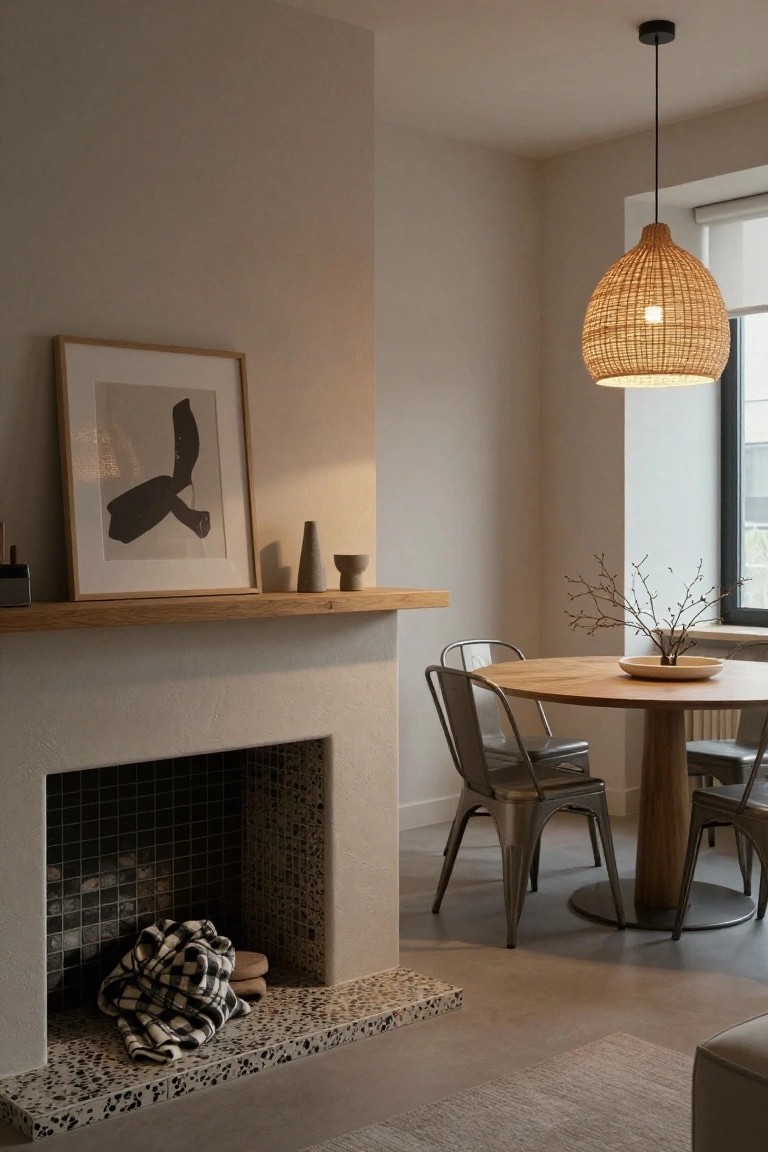 A minimalist interior with a wood fireplace under an oak mantle shelf holding framed abstract art, ceramic vases, and a small accessory, next to a round wooden dining table with metal chairs and a rattan pendant lamp.