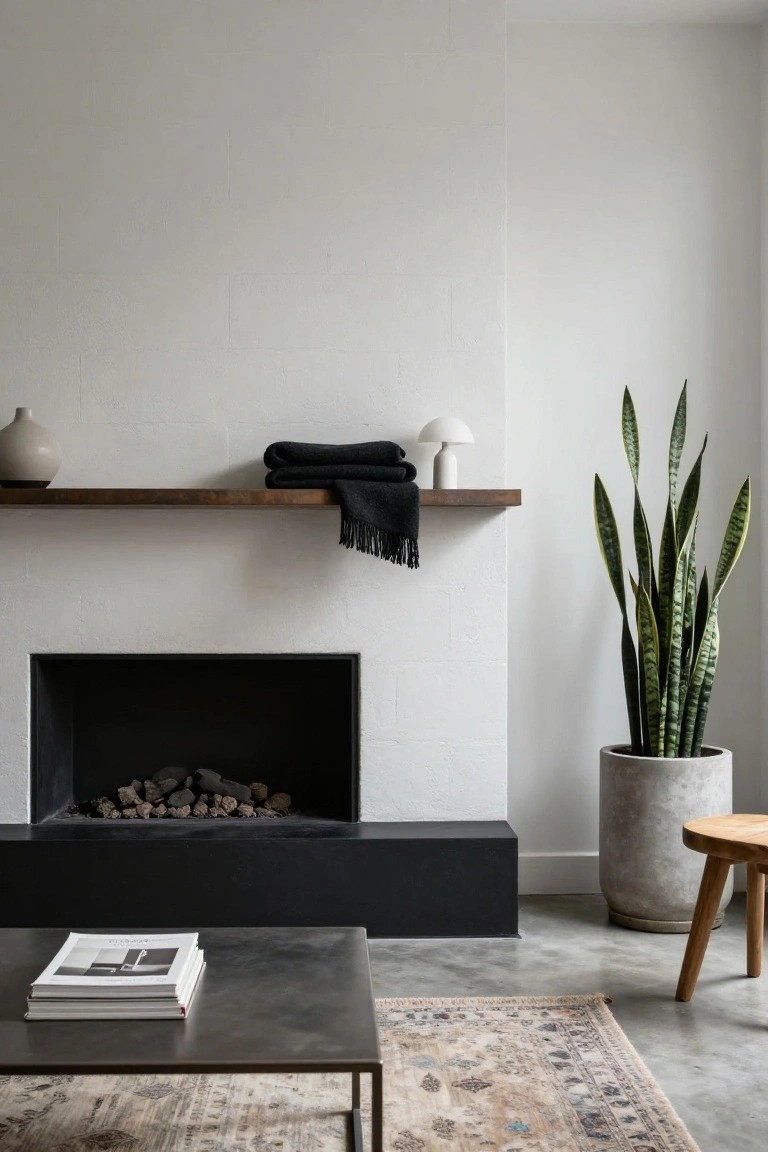 A minimalist interior with a black fireplace under a floating wooden shelf mantel holding a draped black throw, white mushroom lamp, and beige vase, beside a tall snake plant in a concrete pot, a metal coffee table with stacked books, and a patterned rug on a concrete floor.