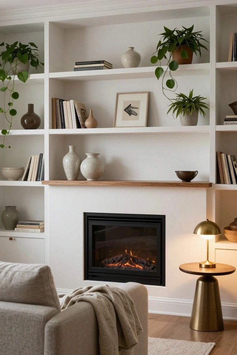 White open shelving built around a black gas fireplace with thin wooden mantel shelf holding a ceramic dish, shelves displaying books, vases, plants, and a beige sofa with gold lamp nearby.