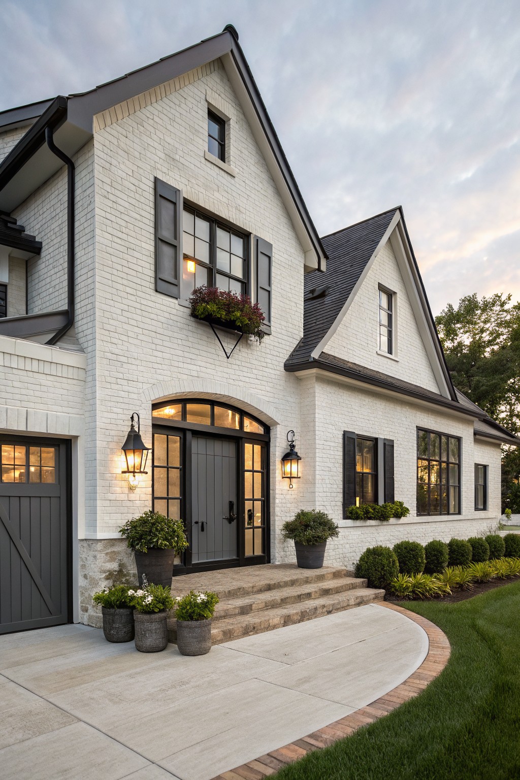 White brick house exterior featuring an arched entry with black double doors flanked by black lanterns and potted plants, stone steps, gray garage door, black shutters on windows, and landscaping with shrubs and grass.