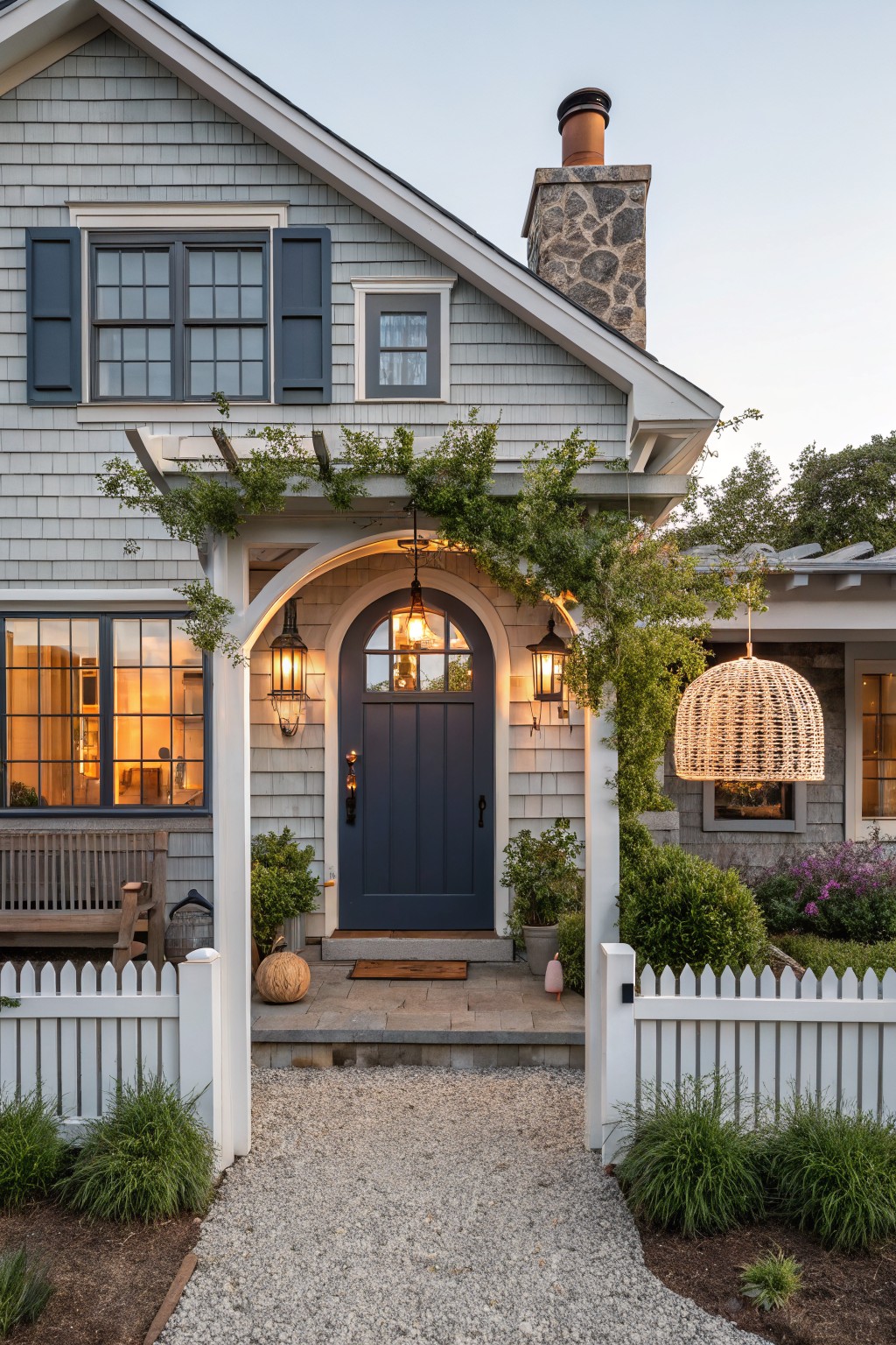 Gray shingled house exterior featuring an arched pergola-covered entry with navy blue door, lanterns, climbing vines, stone chimney, white picket fence, and gravel pathway at dusk.