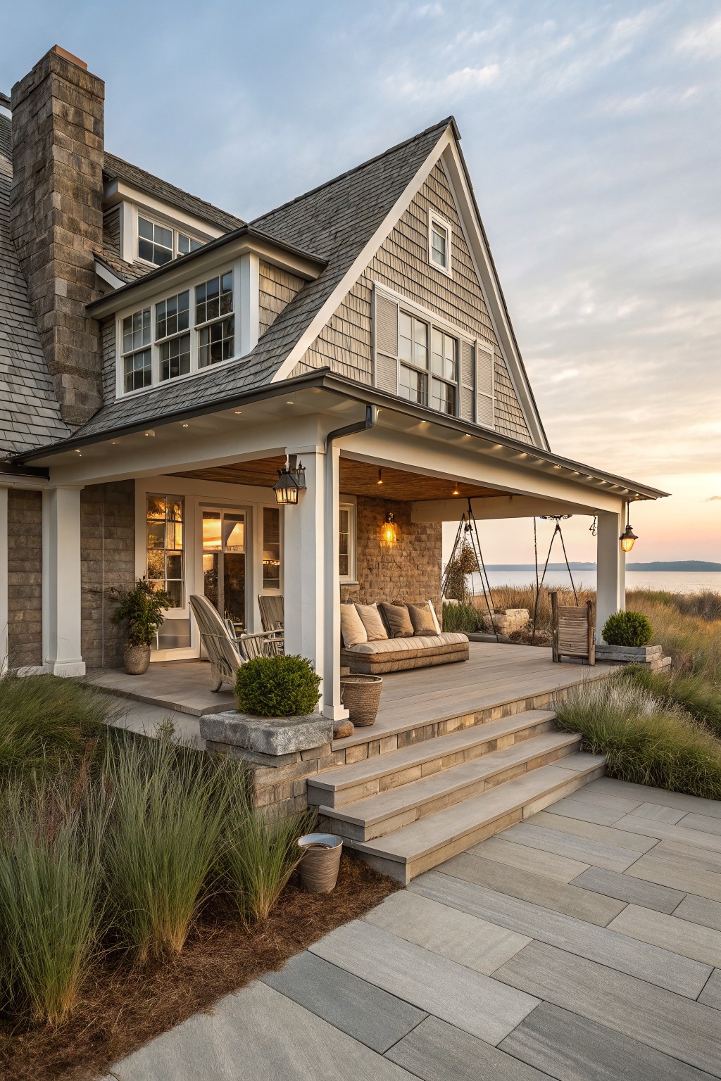 Corner view of a shingled house with covered porch displaying beige sofa with pillows, wicker chairs, hanging swing, lanterns, plants, steps to stone patio surrounded by tall grasses near water at sunset.