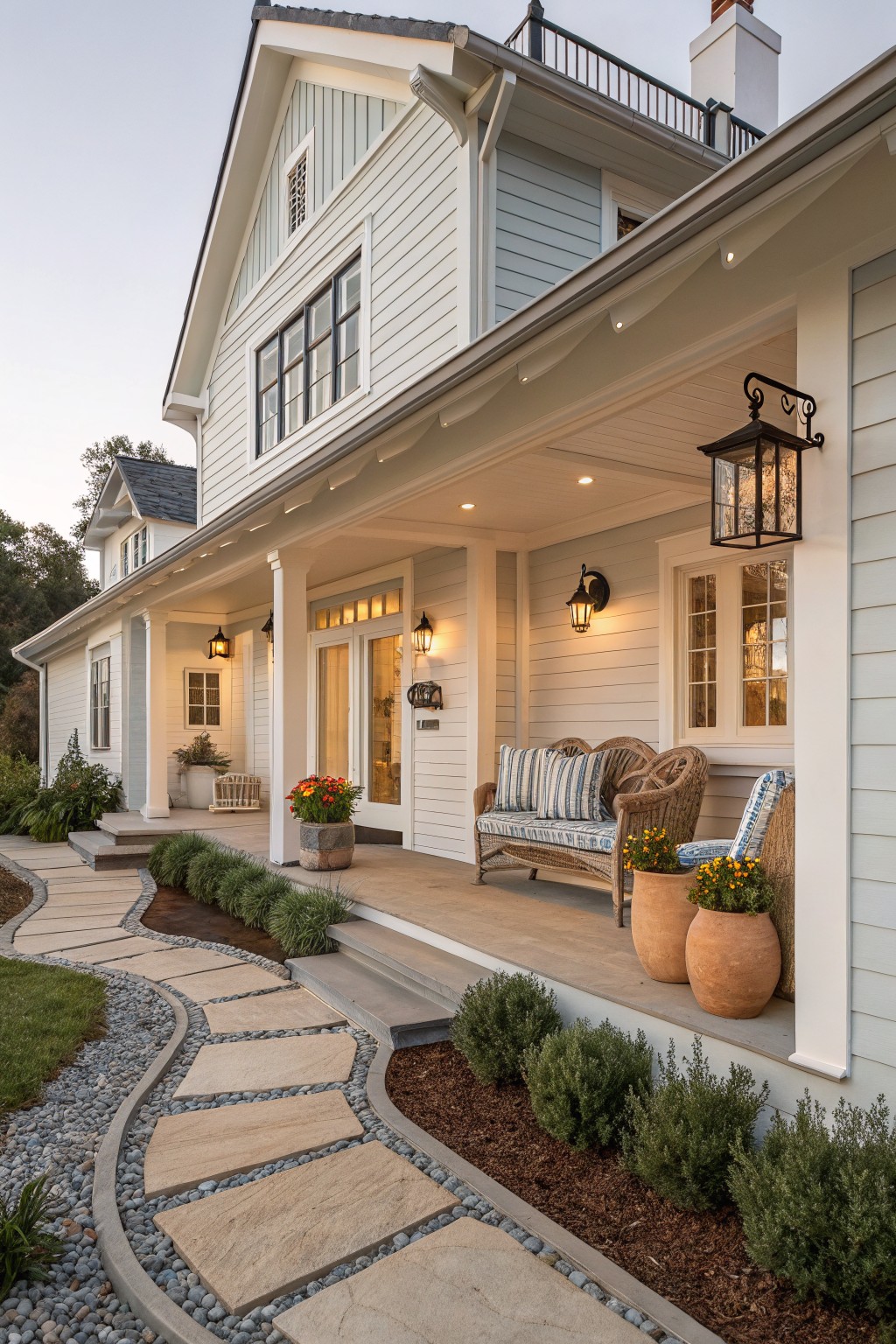 Light blue clapboard house with white trim and covered porch featuring wicker loveseat with blue-striped cushions, wicker chair, potted plants and flowers in terracotta pots, wall lanterns, and a curving flagstone path edged with gravel and shrubs leading to porch steps.