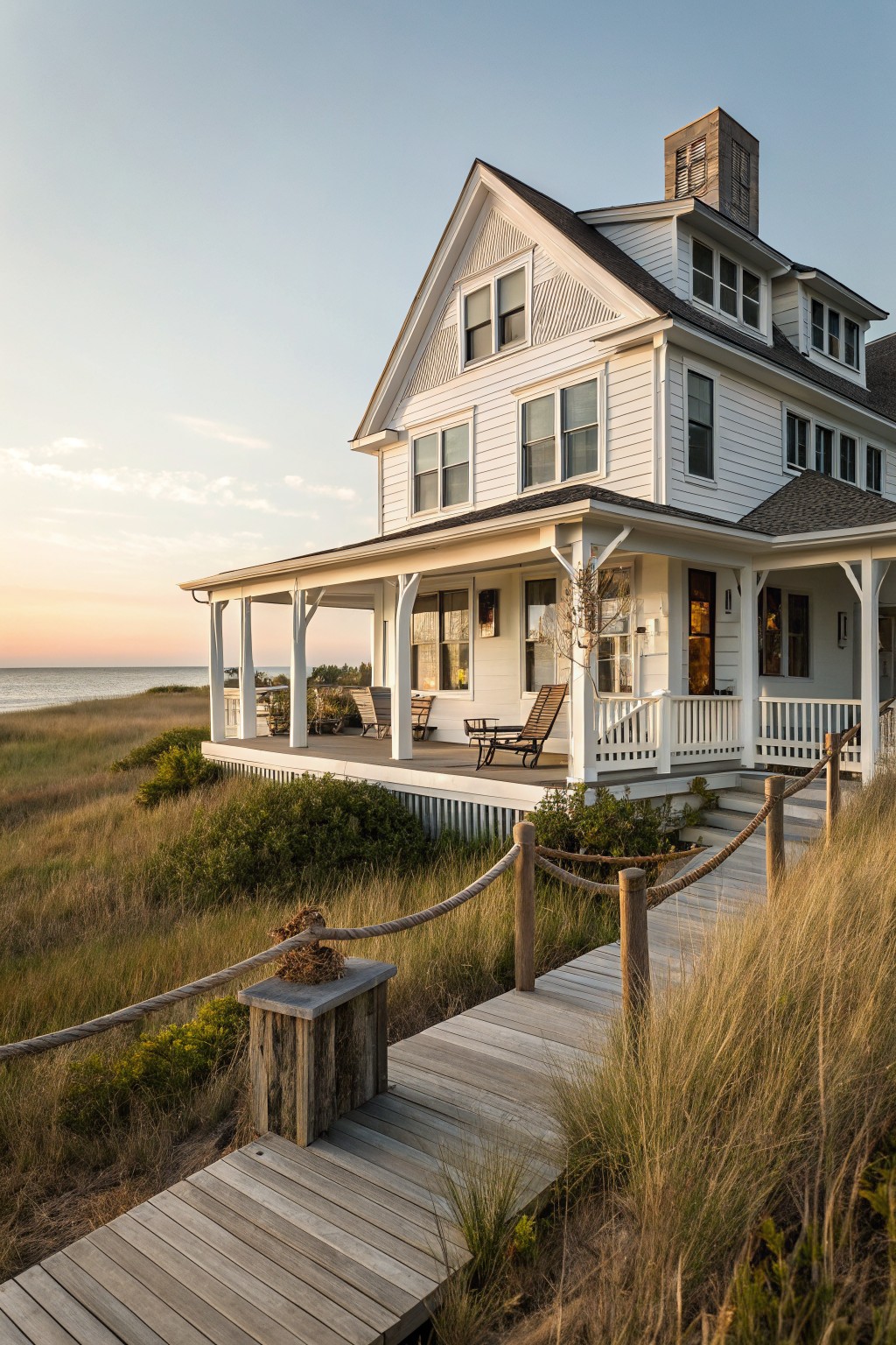 White wood-sided two-story house with gabled roof and brick chimney, featuring an expansive wraparound porch elevated above sand dunes, with a wooden boardwalk path and rope railings leading through tall beach grass toward the ocean at sunset.