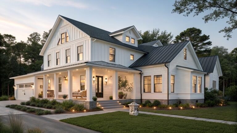 A modern coastal farmhouse with white siding and a dark metal roof, featuring a spacious porch, landscaped yard, and warm evening lighting.