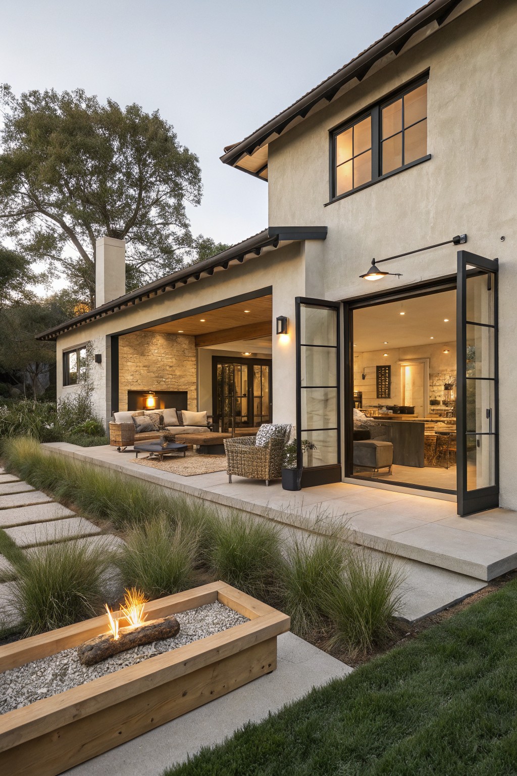 Side view of a beige stucco house with a chimney, open black-framed folding glass doors revealing an indoor kitchen and living area, a concrete patio with wicker seating, a wood fire pit surrounded by grasses, stepping stones, and adjacent lawn.