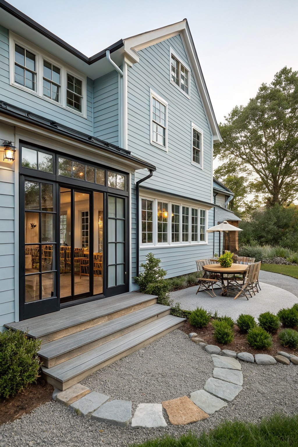 Side exterior of a light blue clapboard house with large black-framed multi-pane glass doors opening to a gray deck and steps down to a curved gravel patio with round wooden table, chairs, shrubs, and stone path edging.