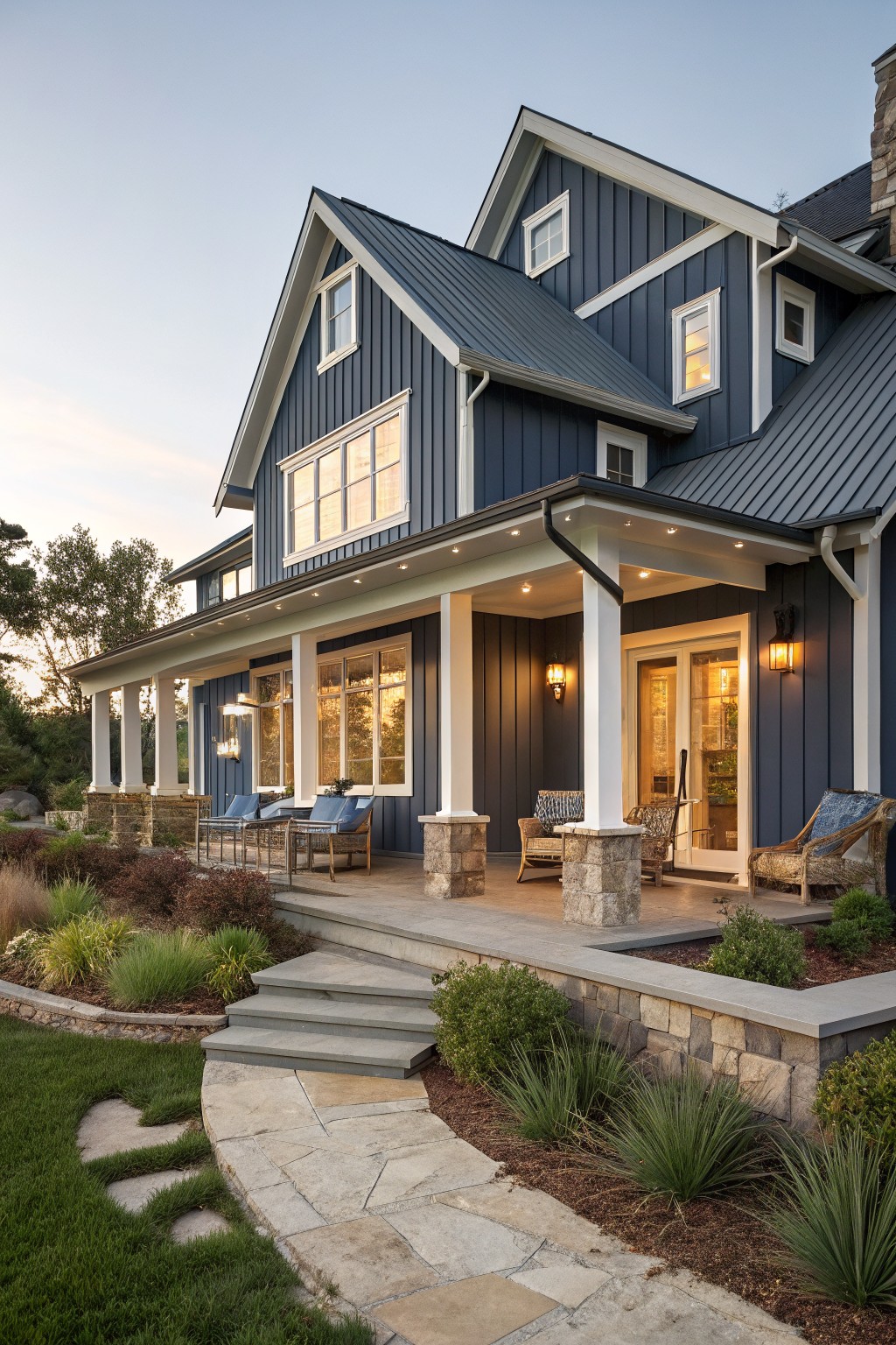 Two-story farmhouse exterior with navy blue vertical board-and-batten siding, dark gray standing seam metal roof, white trim, wrap-around porch with columns on stone bases, outdoor seating, steps, and landscaping.