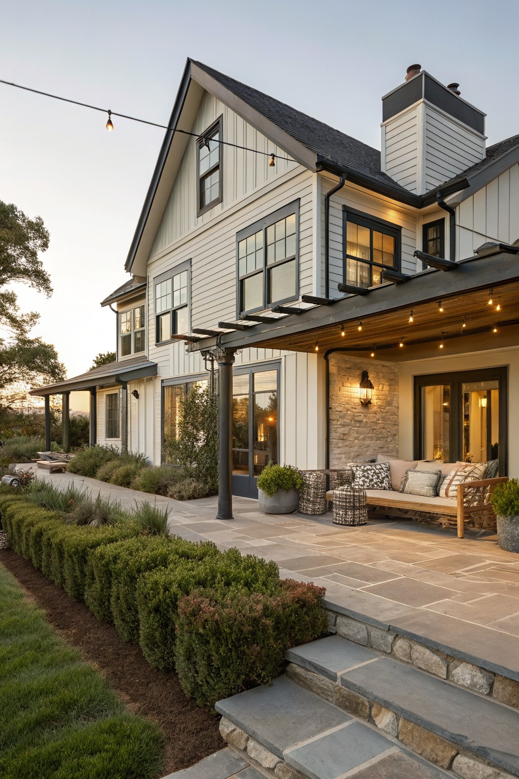 White farmhouse exterior with black window frames and metal pergola covering a stone patio with woven lounge bench, pillows, potted plants, string lights, boxwood hedges, and stone steps to lawn at dusk.
