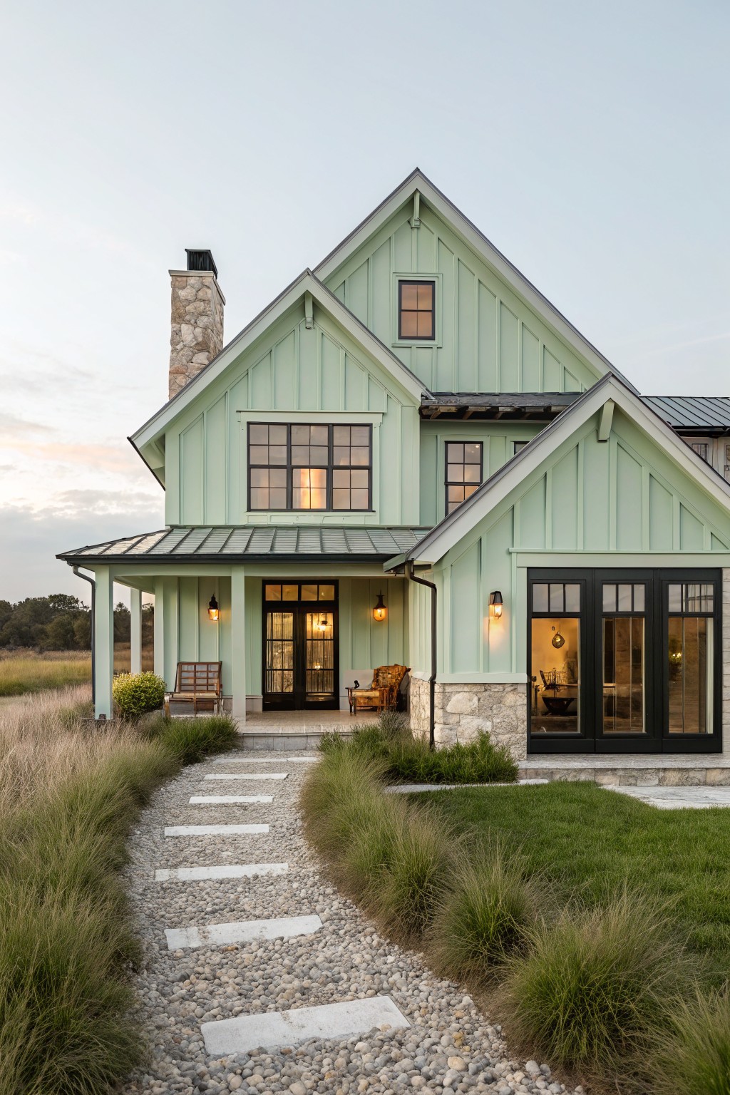 A two-story sage green board-and-batten farmhouse with gabled roof, metal roofing, stone chimney, covered porch with lanterns, large windows, and a stone pathway through tall grasses and lawn.