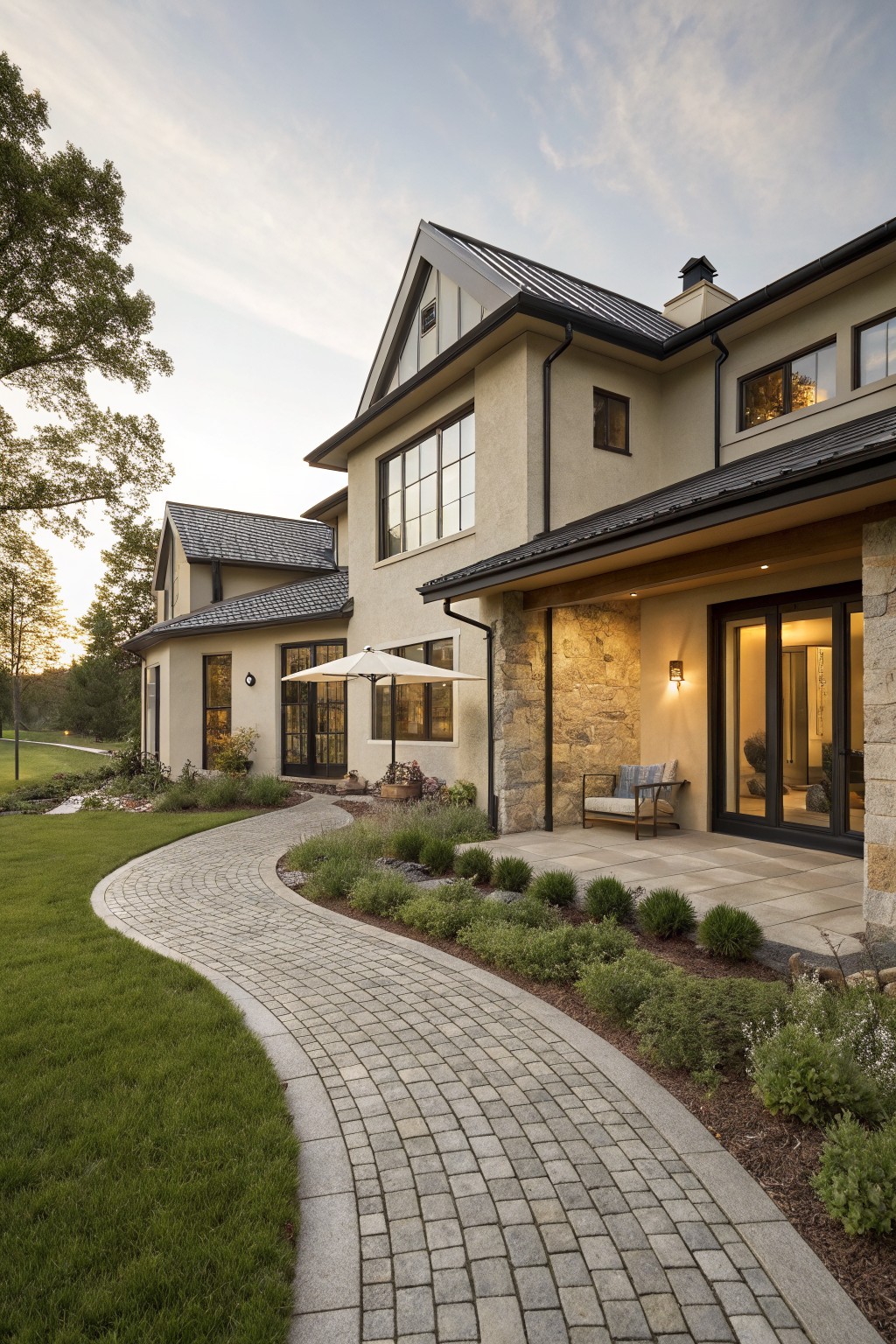 Side exterior of a two-story beige stucco house with black metal roof, large windows, covered porch with stone walls and black-framed glass doors, outdoor bench, beige umbrella, winding gray cobblestone path, shrubs, and green lawn at sunset.