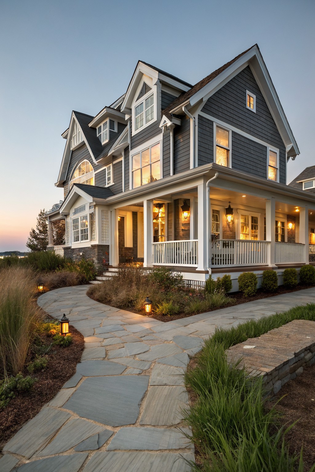 Two-story coastal farmhouse exterior with dark gray shingle siding, white trim, gabled roofs, wraparound porch with lanterns and railings, flagstone pathway, and ornamental grasses at dusk.
