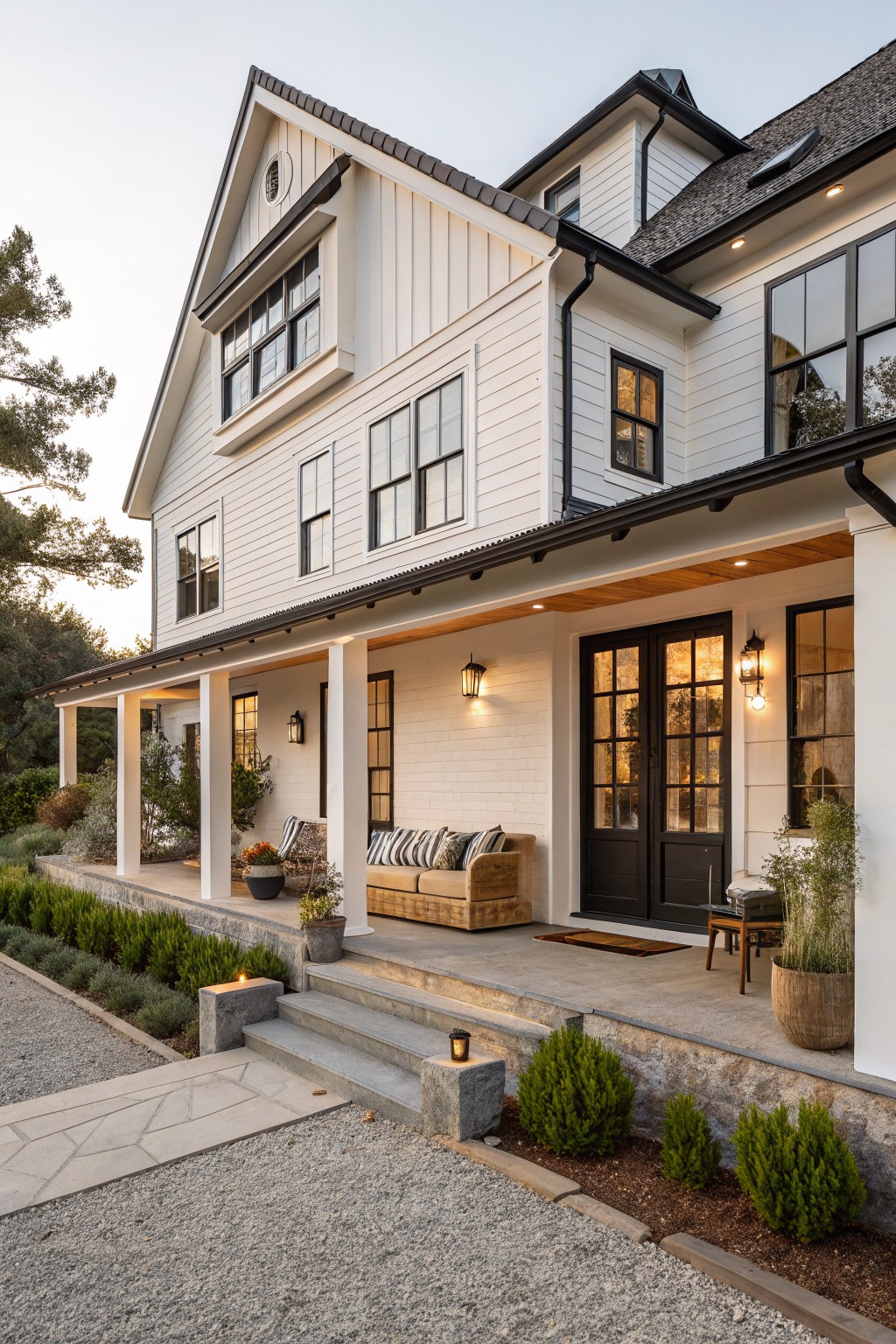 Side exterior view of a two-story white board-and-batten farmhouse with black-framed windows and doors, a covered wooden porch with seating and potted plants, concrete steps leading from a gravel driveway edged by low shrubs.