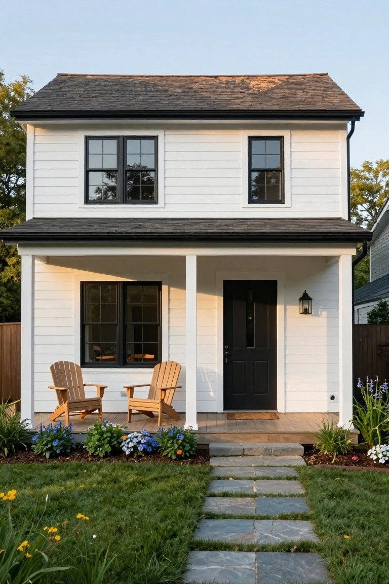 Two-story white clapboard house with black-framed windows, black front door, covered front porch with two Adirondack chairs, flower beds along the porch, stone slab path leading to the entrance, and green lawn.