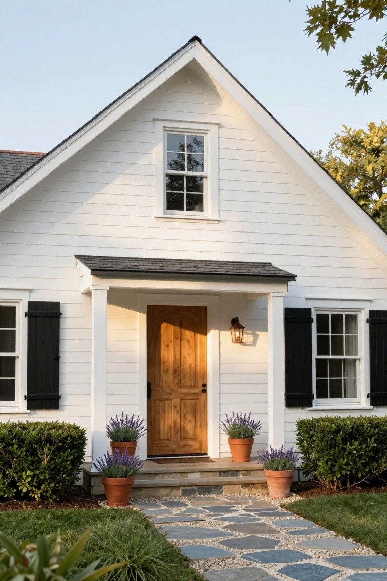 White clapboard house with gabled roof and small front porch sheltering a wooden double door, black shutters on flanking windows, lavender plants in terracotta pots beside the steps, and a pebble stone path in the front yard.