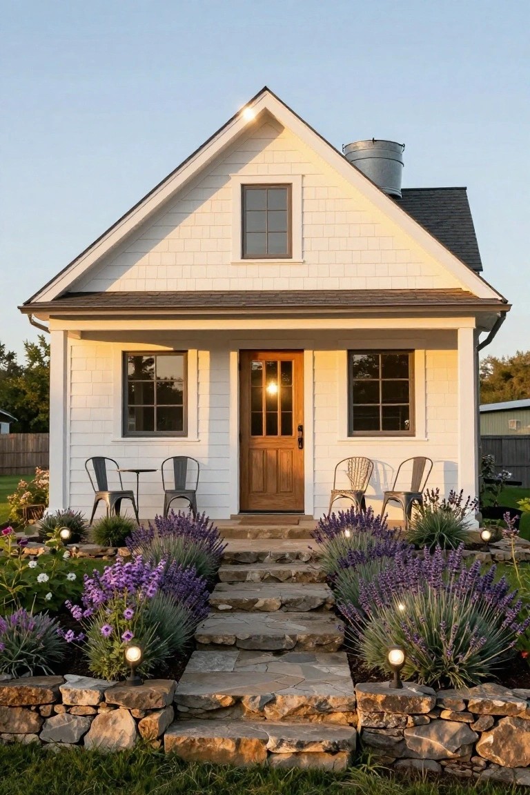Front exterior of a small white shiplap-sided cottage featuring a gabled roof, covered porch with two metal bistro chairs and a round table, wooden entry door, stone steps bordered by lavender plants and rock walls, and landscape lighting.