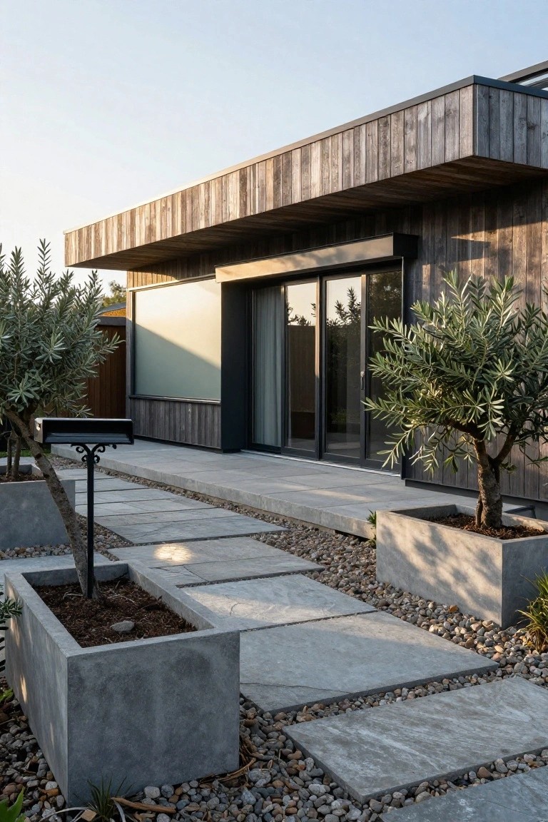 Modern cottage exterior featuring dark vertical wood cladding, overhanging flat roof, large sliding glass doors, concrete slab pathway with pebble borders, concrete planters holding olive trees, and a black metal post box.