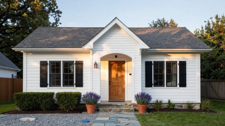 White clapboard house with gabled roof and small front porch sheltering a wooden double door, black shutters on flanking windows, lavender plants in terracotta pots beside the steps, and a pebble stone path in the front yard.