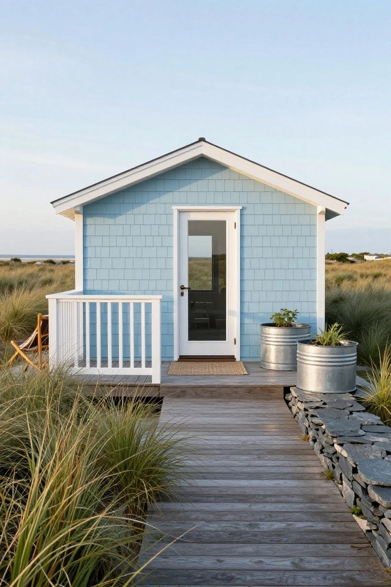 Small light blue shingled cottage with white-framed glass door, wooden deck and railing, metal planters with plants, and boardwalk path through dune grass and stone wall.