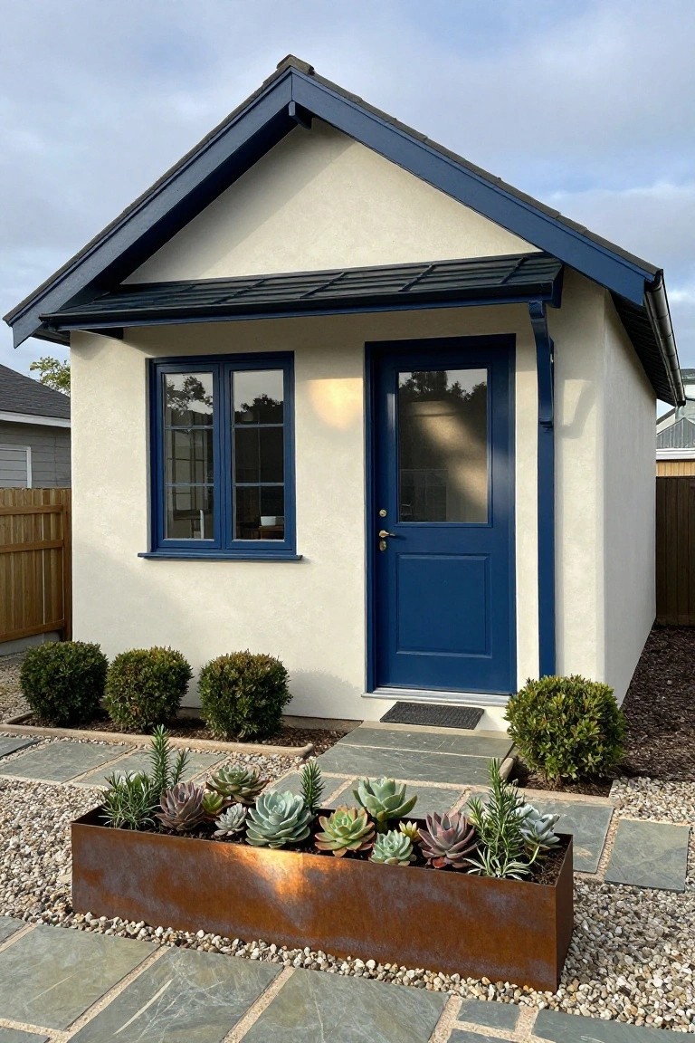 Small single-story cottage with beige stucco walls, dark blue front door and window frames, gabled roof with dark trim, blue boxwoods and succulents in a rusty metal planter along a stone and gravel path.