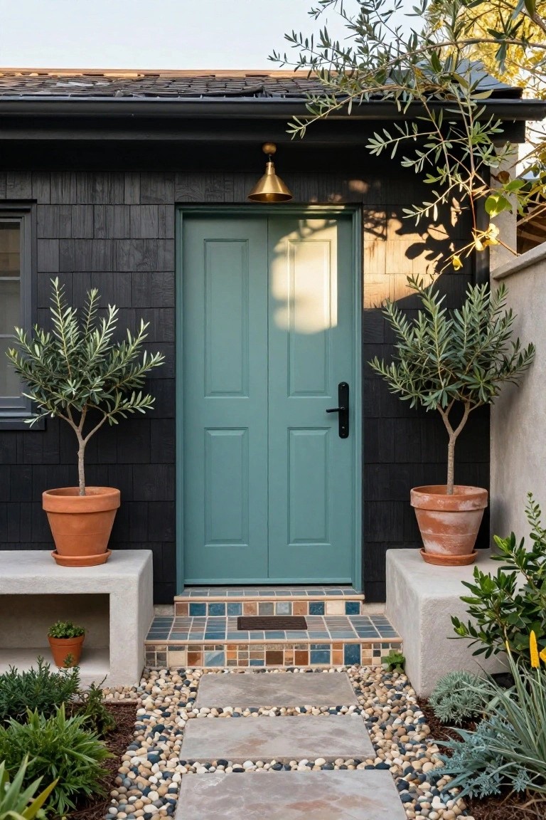 House exterior entryway with black shingle siding, turquoise double door, two potted olive trees in terracotta pots on concrete plinths, colorful mosaic tiled steps, and gravel path with stone pavers.