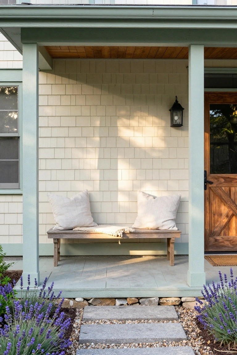 Covered front porch of a shingle house with green trim, featuring a wooden bench with two white pillows and a throw blanket, a wooden door with lantern, lavender plants, and a stone path leading up.