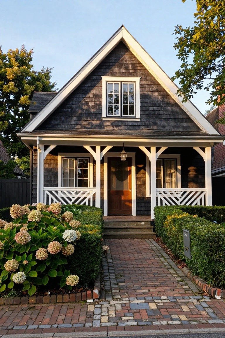 Front view of a shingle-sided cottage house with gabled roof, white-trimmed covered porch, wooden entry door, brick pathway, and hydrangea bushes flanked by boxwood hedges.