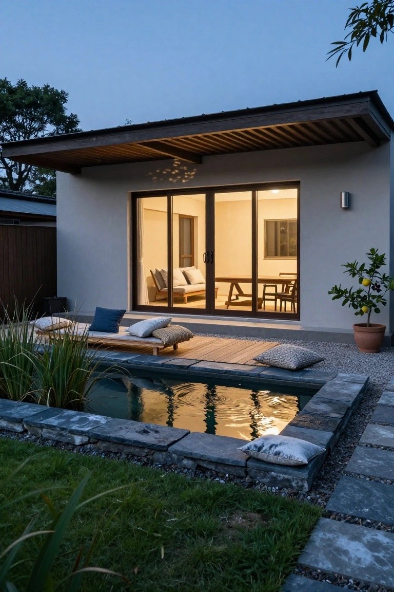 Dusk photo of a modern cottage exterior with beige stucco walls under a wooden slat overhang, open sliding glass doors showing interior sofa and dining table on wooden deck, low daybed with pillows, narrow rectangular pool with stone edging, potted plant, and gravel path.