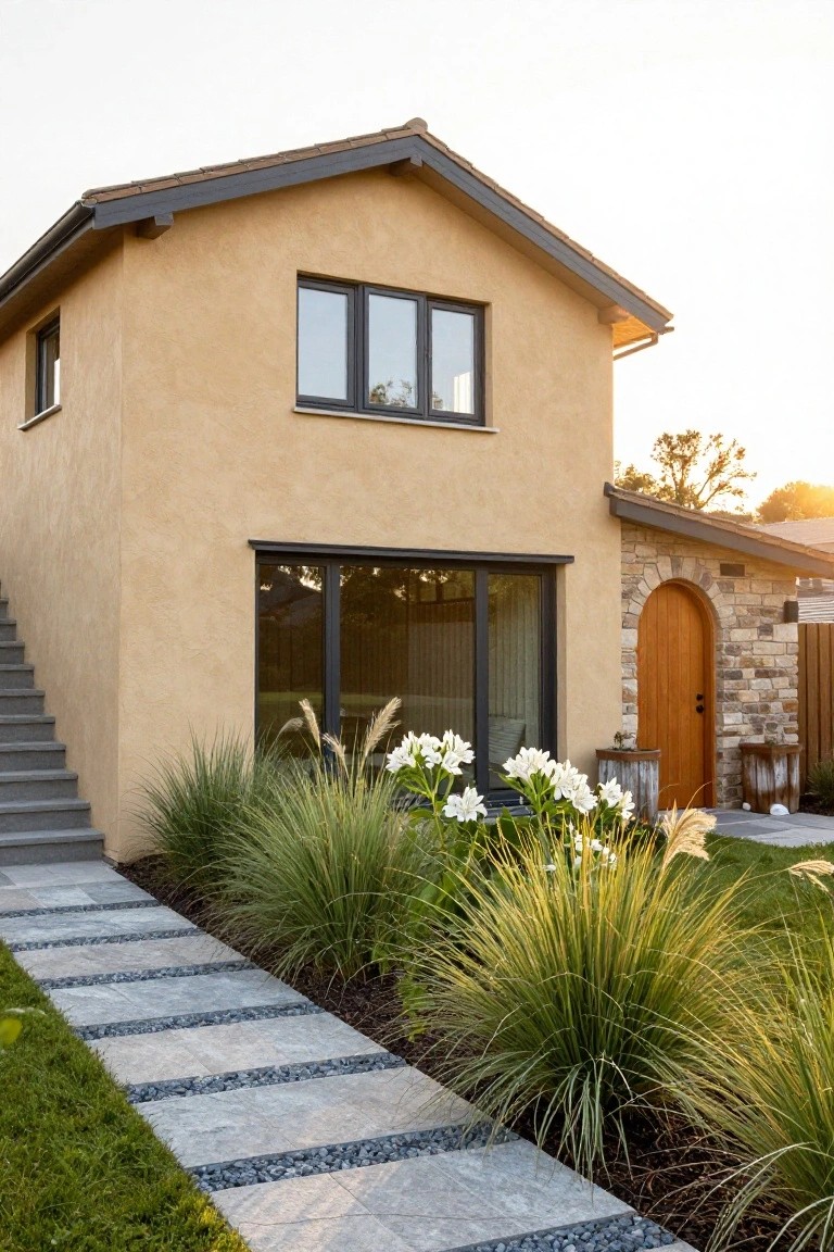 Tan stucco house exterior with dark-framed windows, arched stone entryway featuring a wooden door, concrete stairs, gray pebble path lined with tall ornamental grasses and white flowers, and a lawn at sunset.