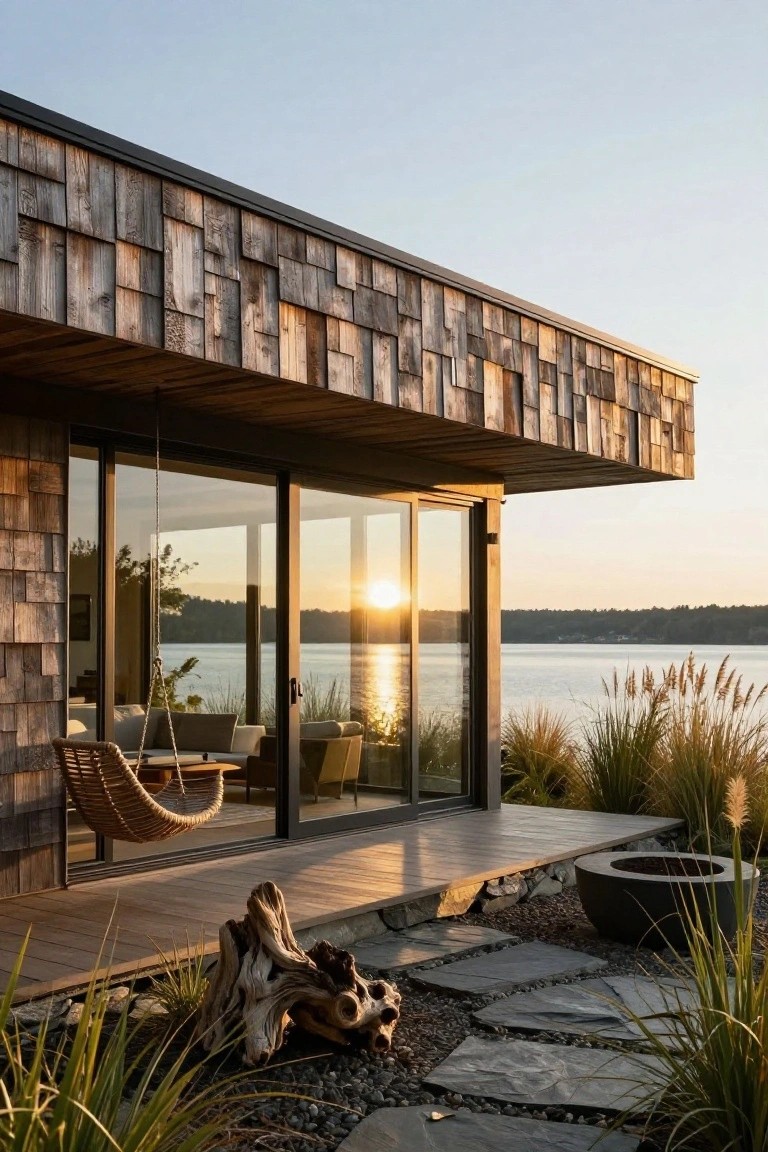 Modern cottage exterior with irregular dark weathered wood planks on walls and overhang, large sliding glass doors opening from interior to wooden deck by lake, grasses and fire bowl in foreground.