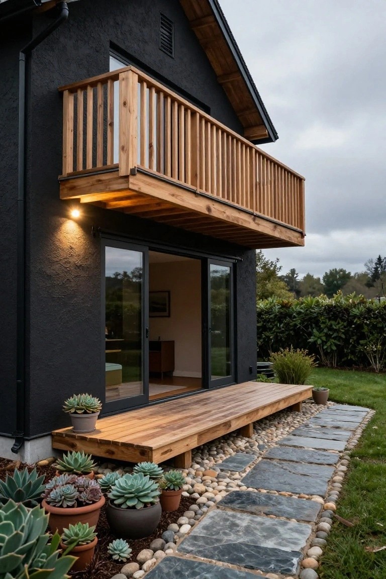 Side exterior of a black house with overhanging wooden balcony and railing, raised wooden deck from sliding glass doors, gravel and stone path edged with potted succulents and pebbles.