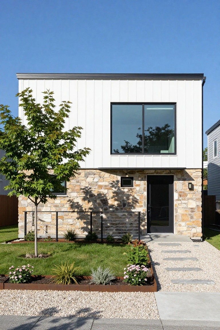 Front exterior of a modern single-story house with white vertical board-and-batten siding on the upper facade, beige stone masonry at the base, black front door, large window, Japanese maple tree, metal railing, landscaped yard with grass, plants, gravel edging, and concrete paver path.