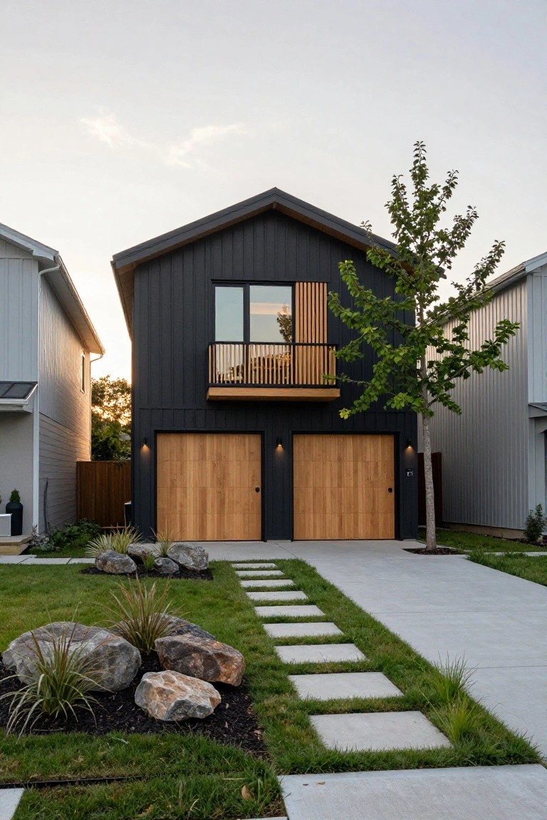 Modern house with black vertical siding, double wooden garage doors, upper balcony with slatted railing, front yard landscaping of grasses rocks and stepping stones, neighboring homes on sides.