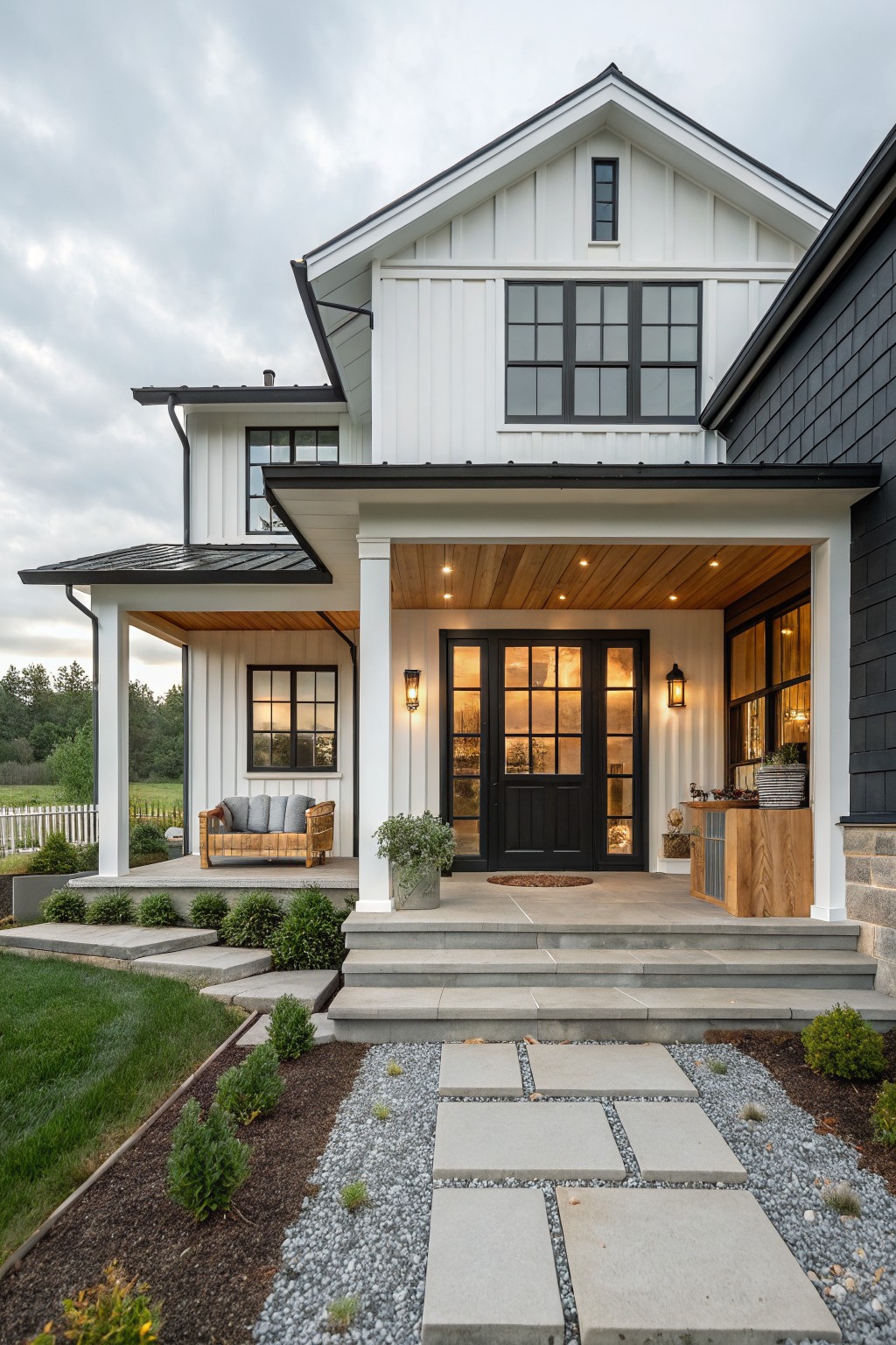 Front view of a two-story modern farmhouse home with white board-and-batten siding, black metal roof, dark shingle siding on one side addition, covered wooden porch with black multi-pane doors, lanterns, and concrete steps flanked by gravel path and shrubs.
