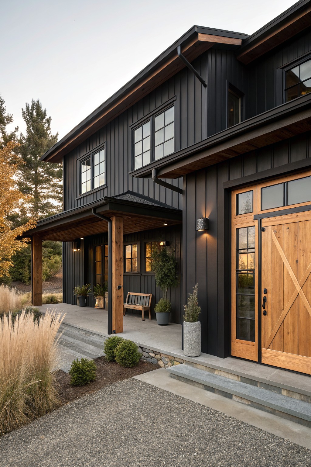 Side exterior view of a two-story modern farmhouse with black board-and-batten siding, covered wooden porch with posts, large barn-style wooden entry door with glass panels, potted plants, bench, gravel path, ornamental grasses, shrubs, and evergreen trees nearby.