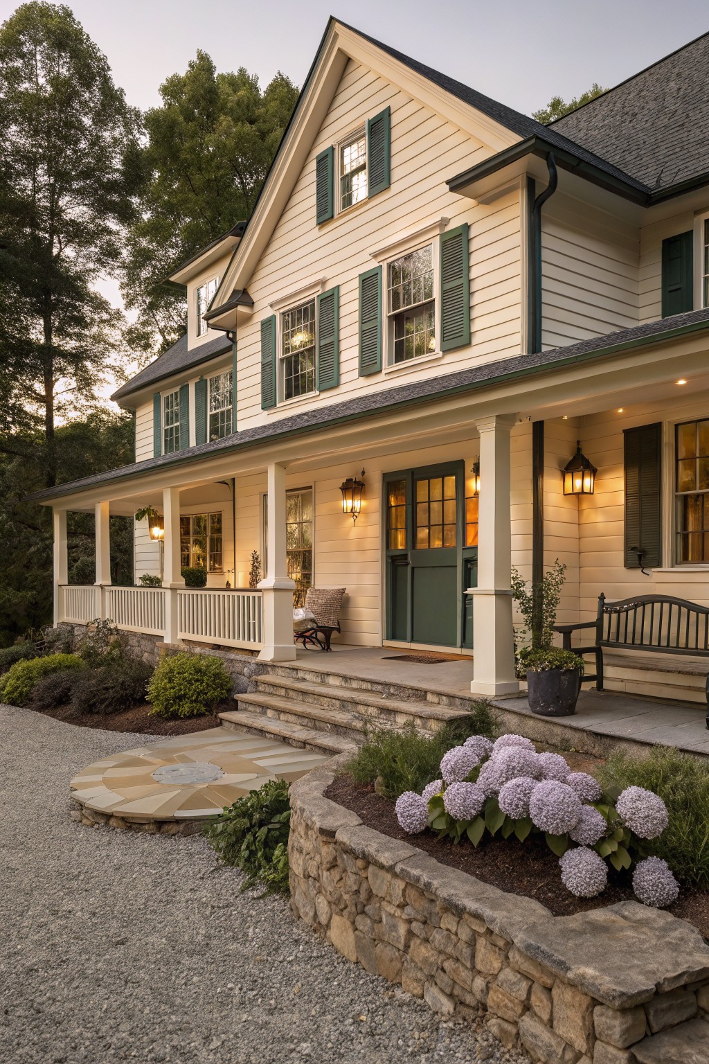 Two-story cream-colored farmhouse with green shutters, wraparound porch, lit lanterns, green front door, stone steps, gravel driveway, and purple hydrangea plantings in foreground.