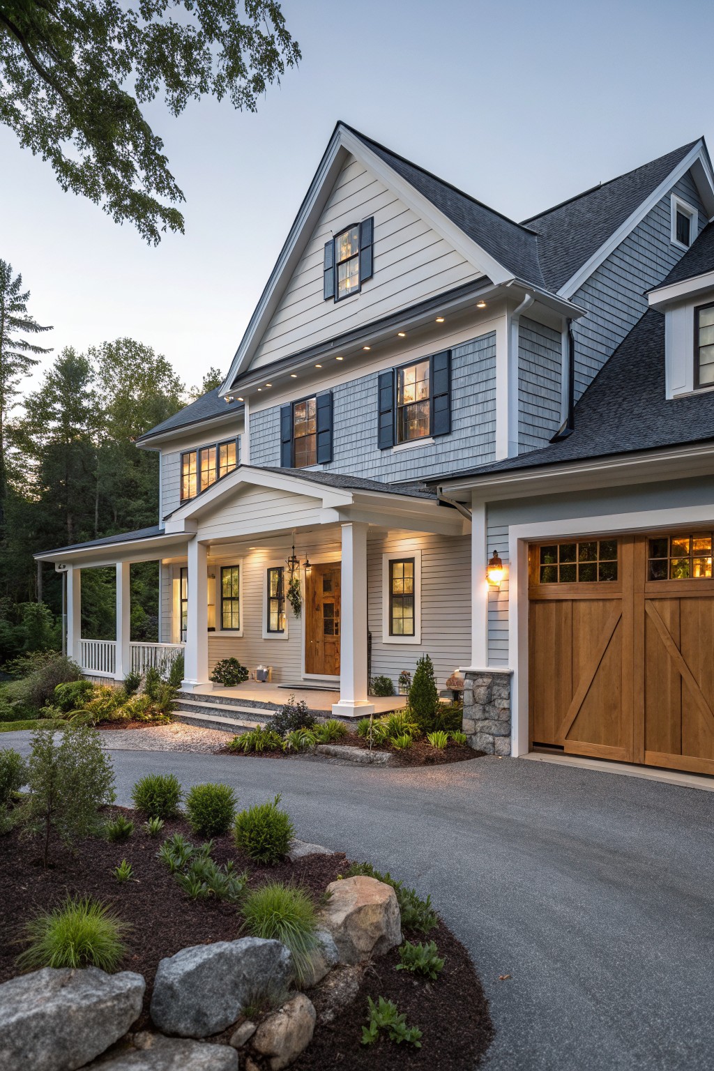 A two-story modern farmhouse exterior featuring white clapboard siding on the lower level, blue-gray shingle siding on upper gables, black asphalt roof, wooden front door and garage doors, covered porch with columns, stone accents, and landscaped driveway at dusk.