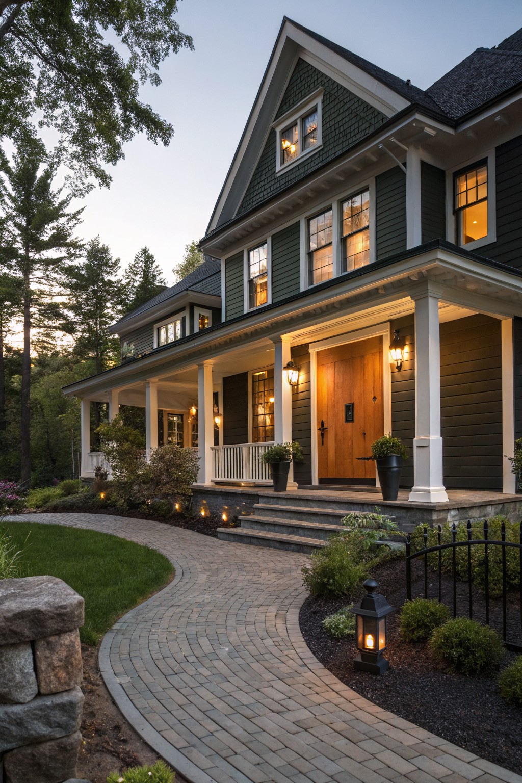 Two-story house with dark green clapboard siding, white trim and porch columns, gabled roof, large wooden front door flanked by lanterns, wraparound porch, and curved brick pathway with landscaping at dusk.