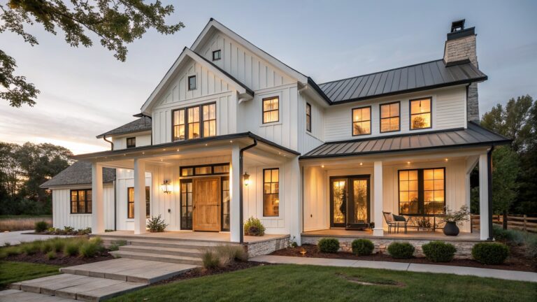 Two-story modern farmhouse with white board-and-batten siding, black window frames and trim, dark shingled roof, covered front porch with wood door and lanterns, steps to entry, and low shrubs in yard at dusk.