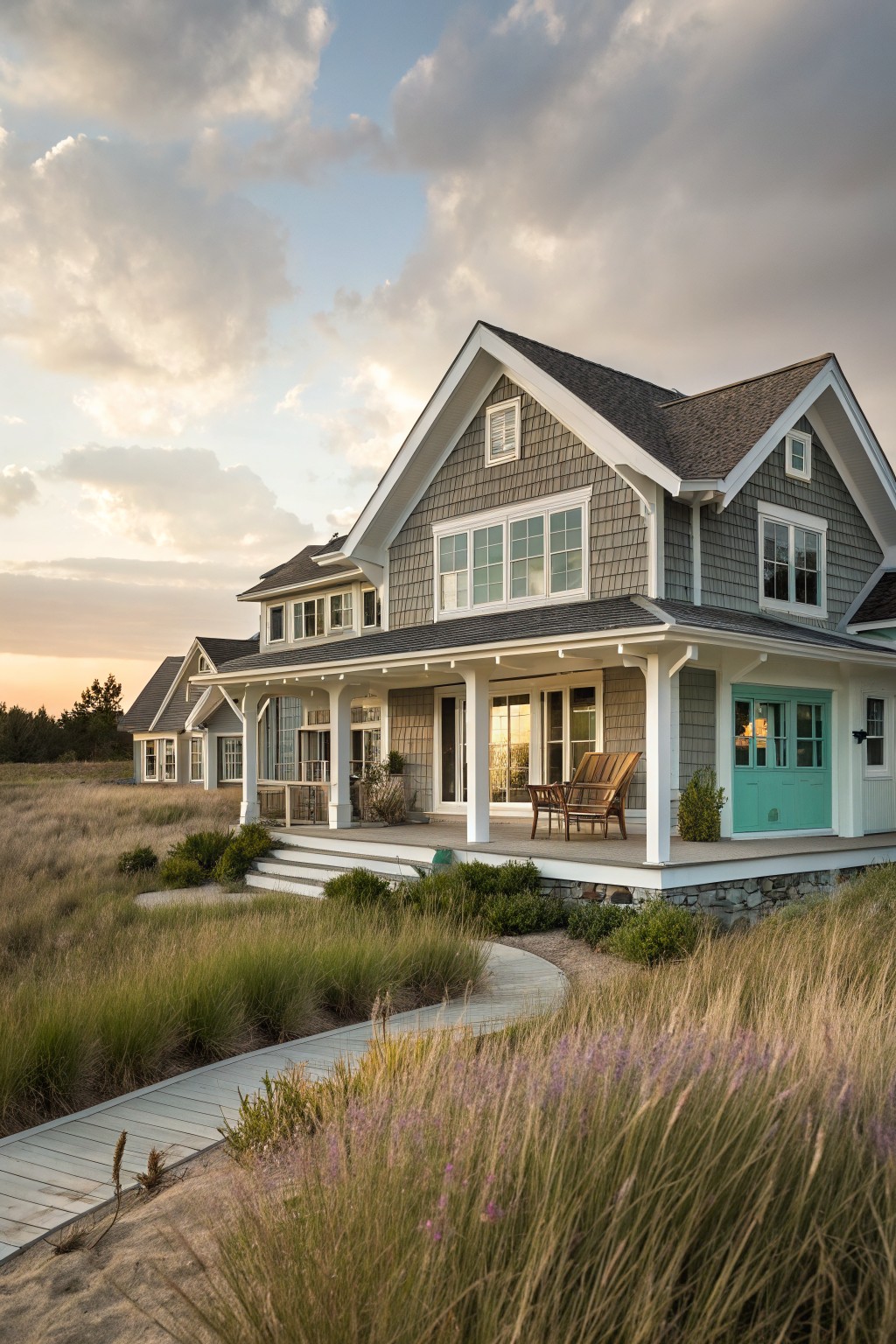 Gray shingle-style house with white trim, turquoise side door, wooden porch furniture, steps leading to a boardwalk path through dune grass under a cloudy sky at sunset.