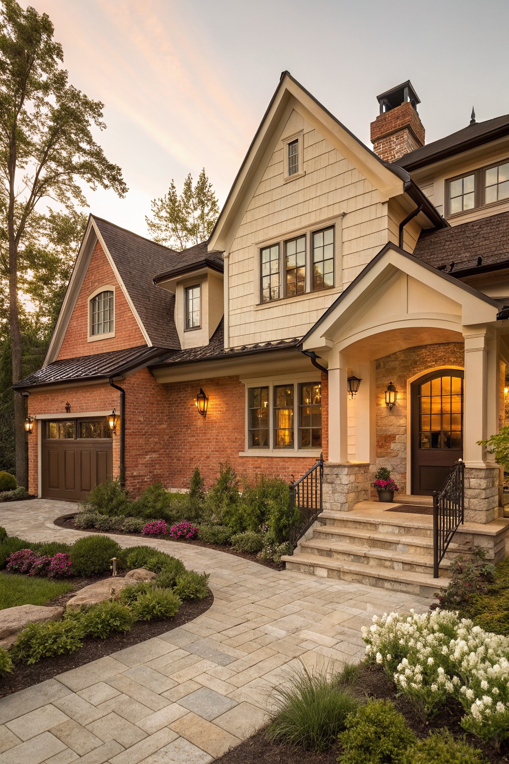 Two-story house exterior with beige shingle siding, red brick garage and chimney, stone entry porch with arched door, curved stone pathway, and landscaped plantings at dusk.