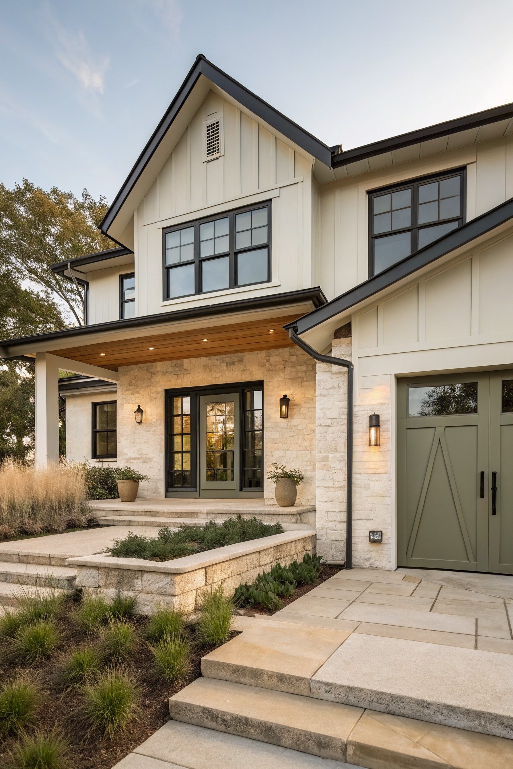 Front view of a two-story modern farmhouse house with white vertical siding, black window frames and roof edges, a covered porch with double green doors, beige stone accents, a side garage door, and steps leading to the entry surrounded by low plantings.